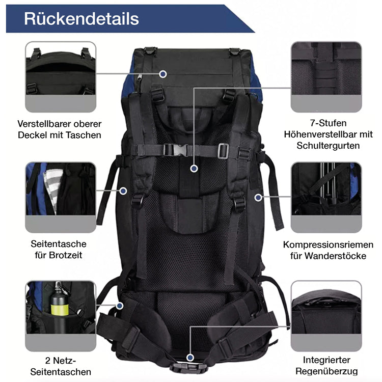 Komfortabler und robuster Trekkingrucksack für lange Wanderungen
Der Drachenrippe 80L Trekkingrucksack von JC.OUTDOOR ist der ideale Rucksack für mehrtägige Wanderungen. Mit seinem großzügigen Volumen von 80 Litern bietet er ausreichend Platz für Kleidung, Ausrüstung und Proviant. Dieser Trekkingrucksack ist nicht nur geräumig, sondern auch ergonomisch gestaltet, um maximalen Komfort auf langen Strecken zu gewährleisten. Dank der hochwertigen Materialien und des robusten Designs ist dieser Exkursionsrucksa