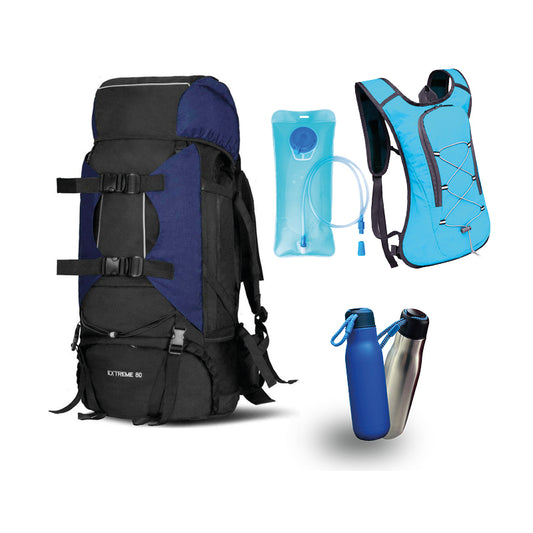 Wanderrucksack 80l, blau, schwarz, tCamping Edelstahl - Brotzeitflasche - Pärchen, blau, silberr