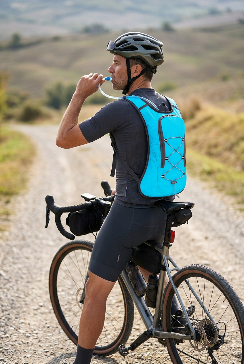Radfahrer trinkt über den Schlauch seines hellblauen Trinkrucksacks