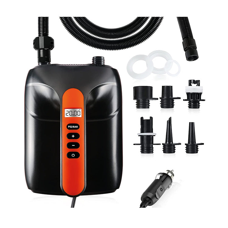 Elektrische Doppel- SUP Luftpumpe mit voreingestellter PSI-Auto-Off-Funktion, 20 PSI, 6 Luftpumpenadapter zum Aufpumpen von SUP-Paddle-Board, Kajak, Booten, Flößen, Schwimmbad